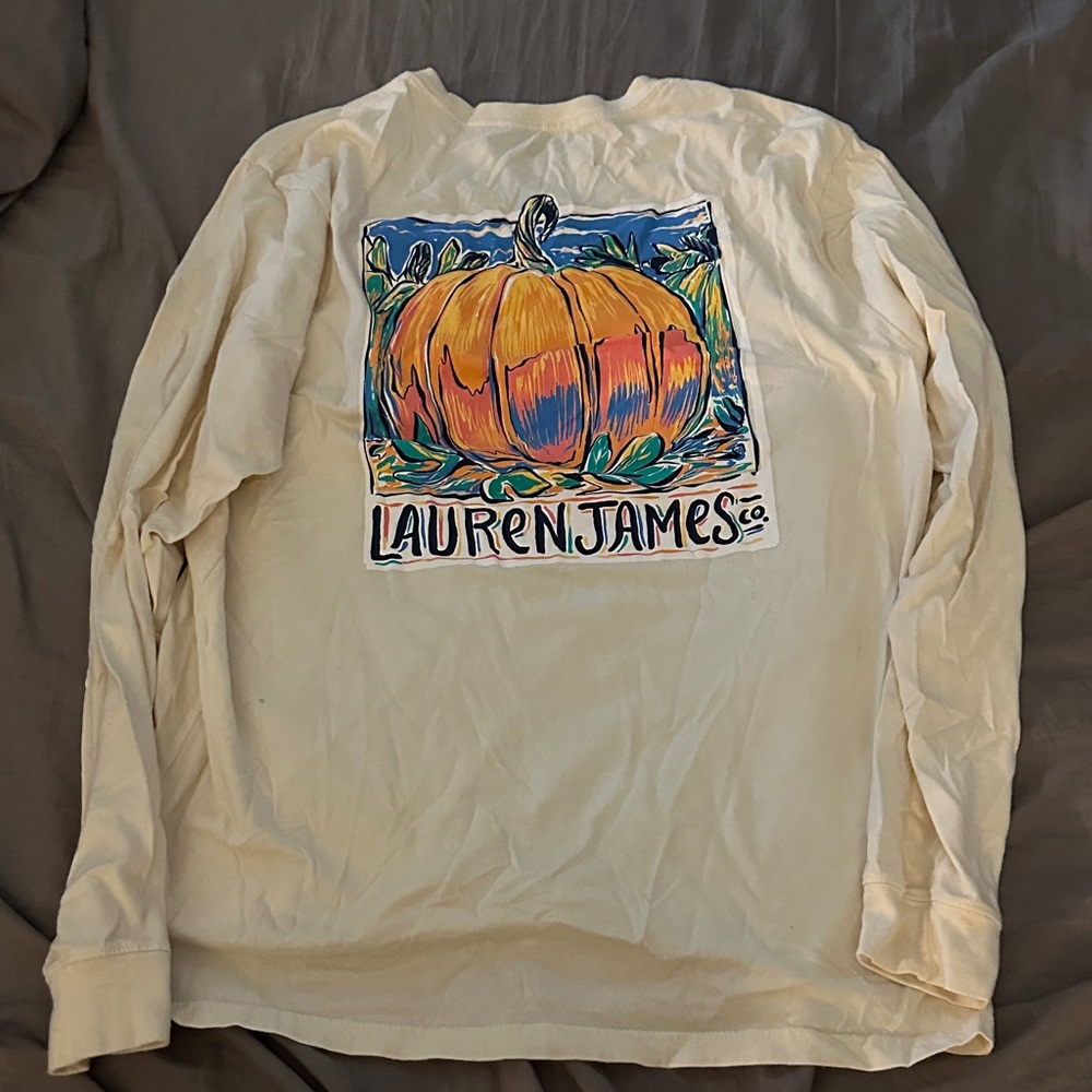 Lauren James Cream Long Sleeve Tee with Orange Pumpkin Graphic